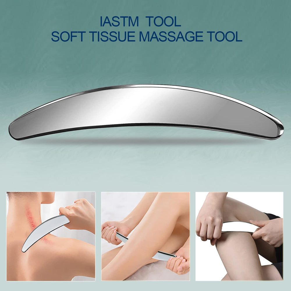 S-shaped scraper applying massage techniques on a back muscle.