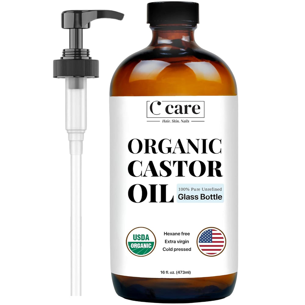 C CARE Castor Oil bottle with pump for easy lash and brow use.