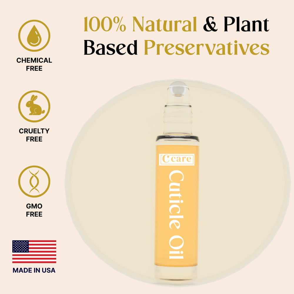 C CARE Cuticle Oil application scene highlighting quick-absorb formula for non-greasy finish.
