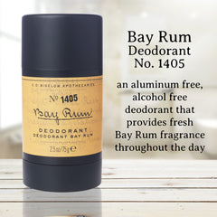 C.O. Bigelow Bay Rum deodorant label closeup showing aluminum-free formula