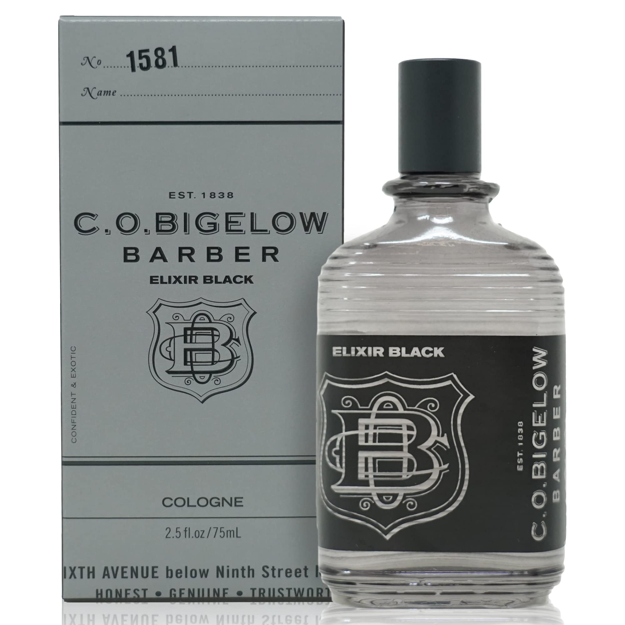 C.O. Bigelow Elixir Black bottle on a vanity, ideal for everyday wear.