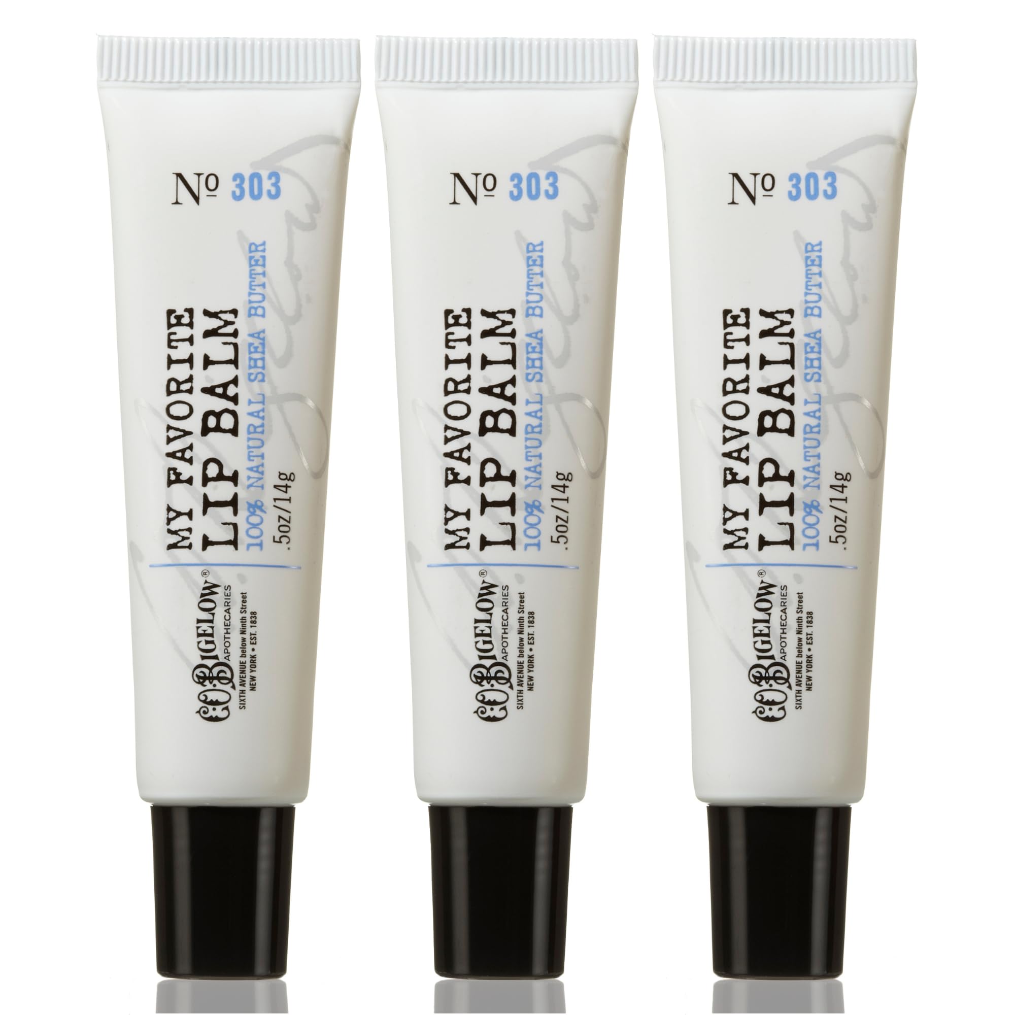 C.O. Bigelow favorite lip balm tubes with three compact tubes for hydration on the go.