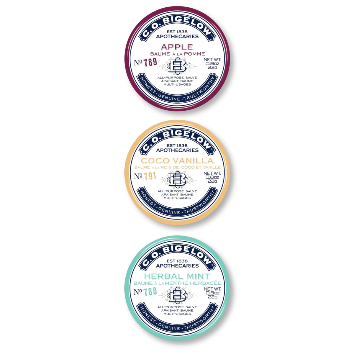 C. O. Bigelow front packaging showing three salve tins and scent labels