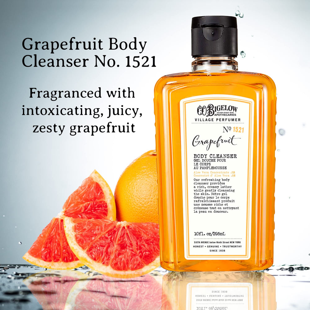 C.O. Bigelow Grapefruit Body Wash label highlights cruelty-free USA-made paraben-free
