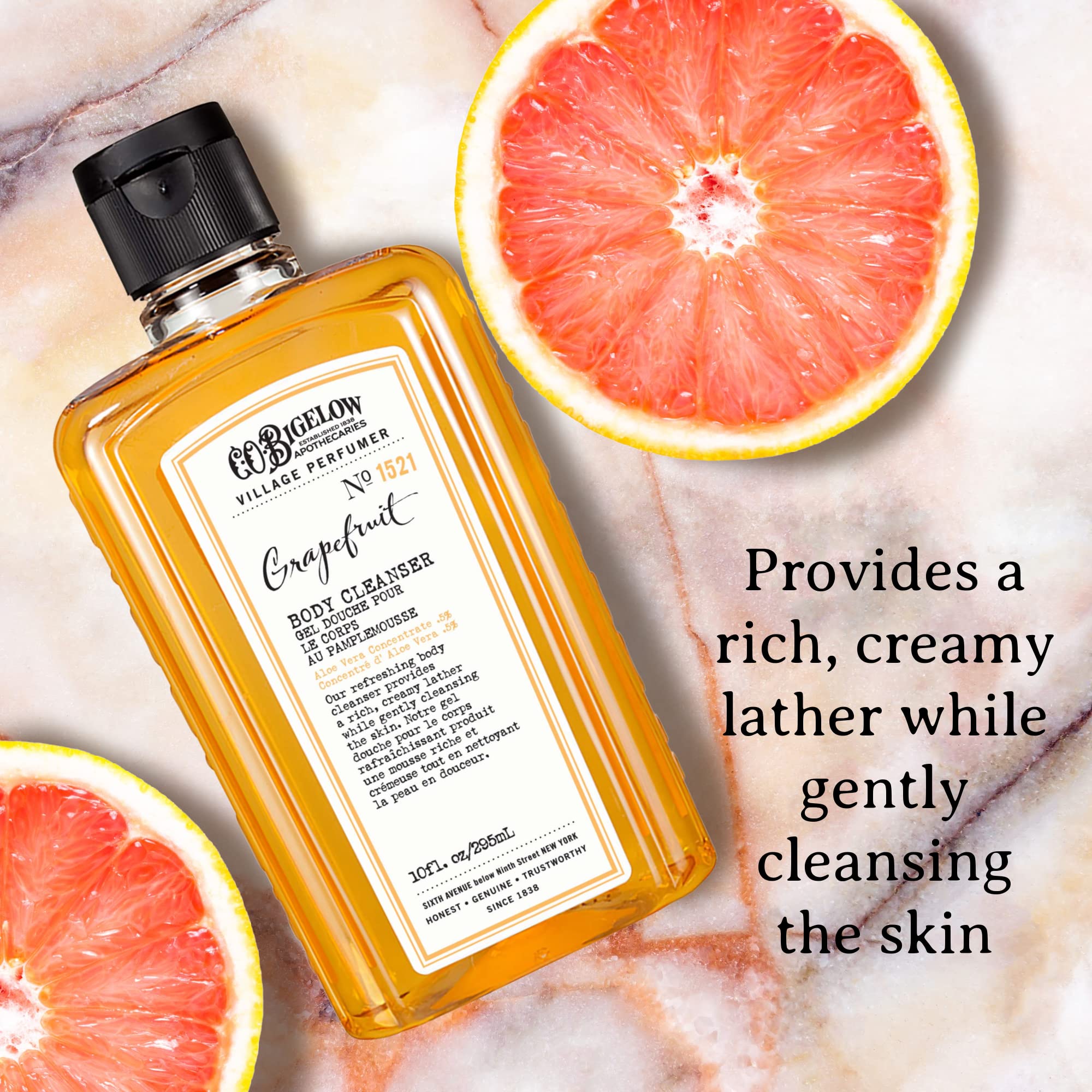 C.O. Bigelow Grapefruit Body Wash lather action demonstrates rich cleansing foam