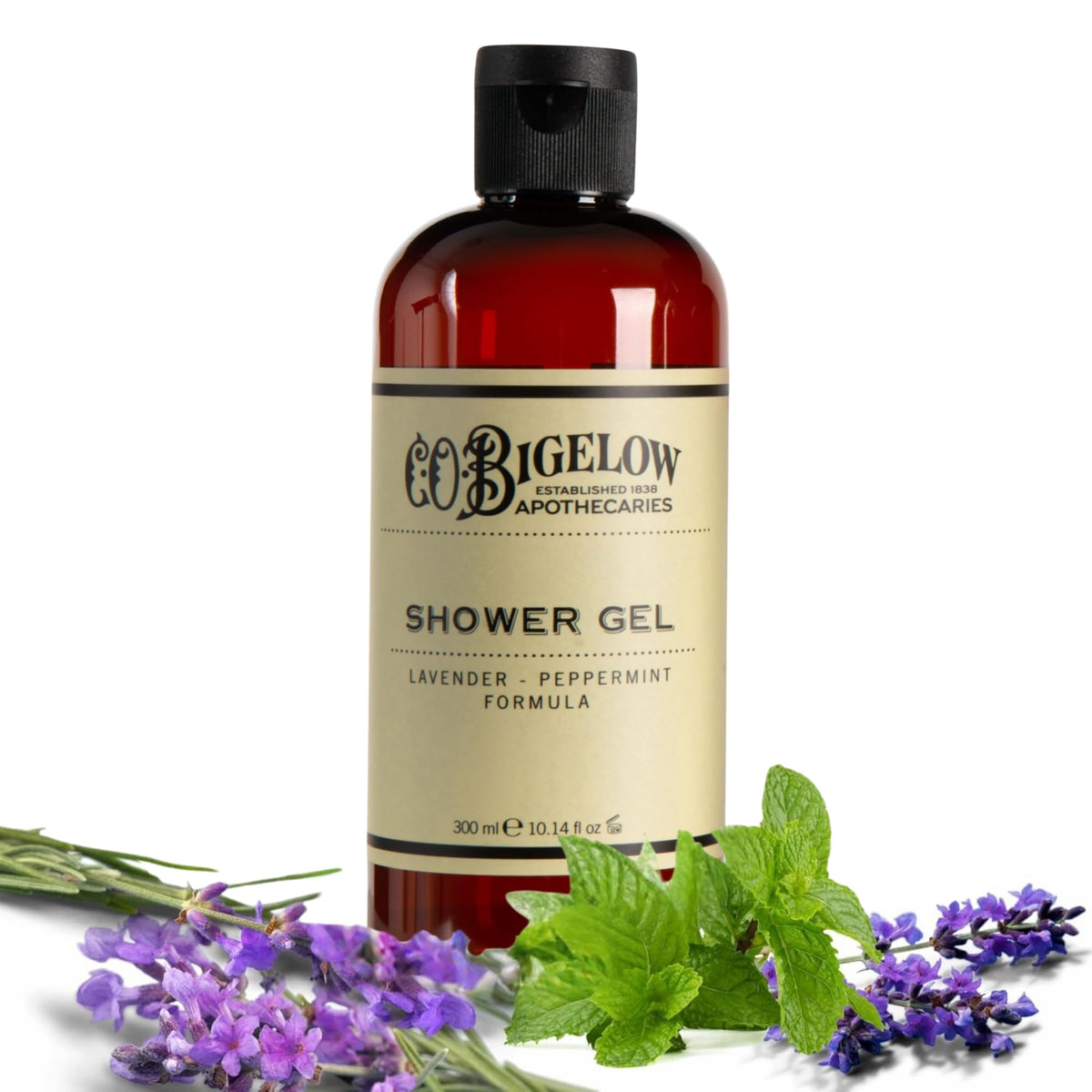 C.O. Bigelow Lavender Peppermint Shower Gel bottle showing moisturizing cleanse.