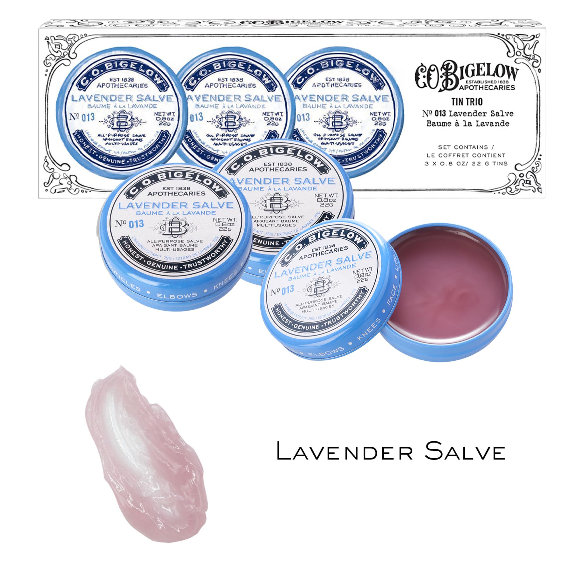 C.O. Bigelow Lavender Salve ingredients close-up highlights natural oils.