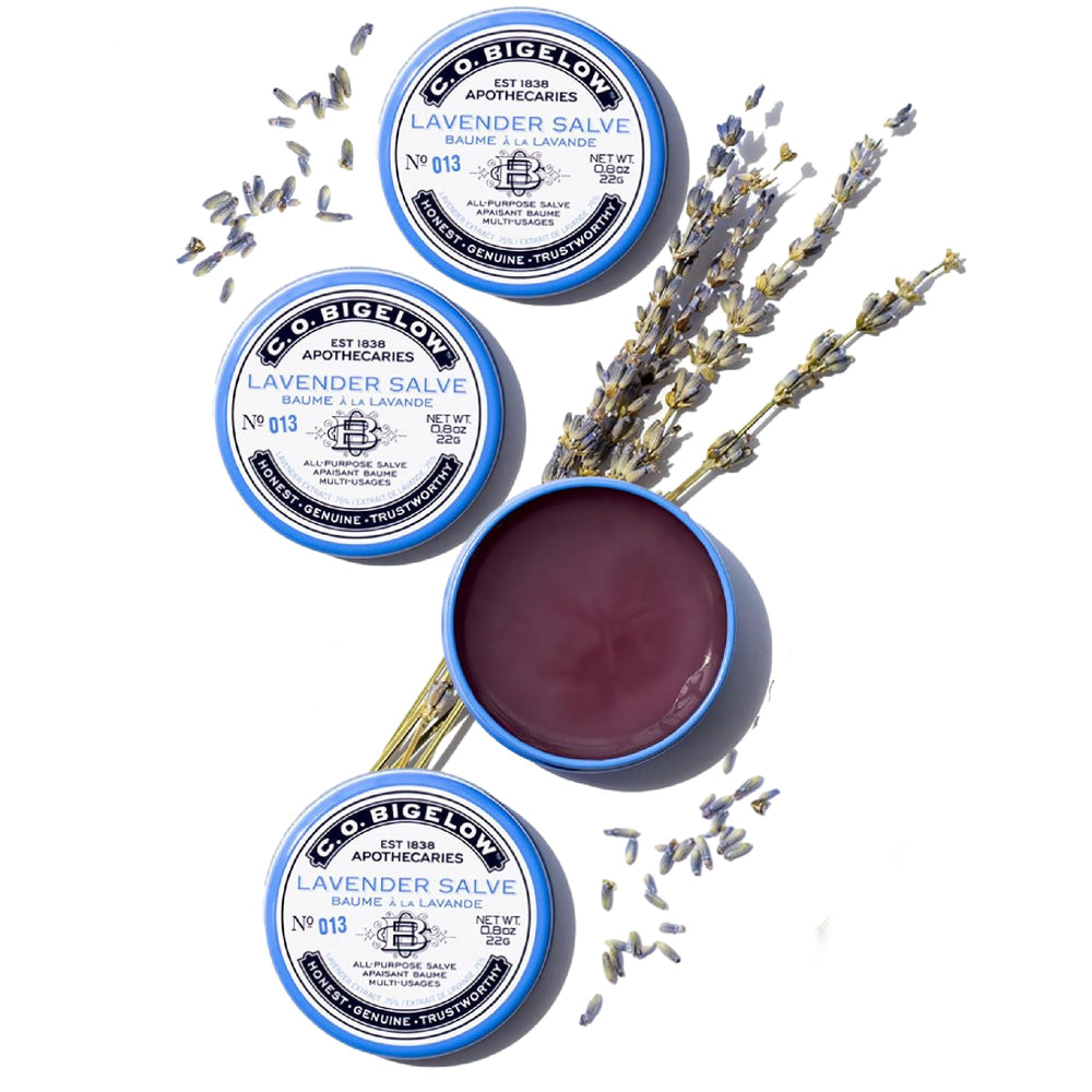 C.O. Bigelow Lavender Salve lip close-up shows smooth, hydrated lips.