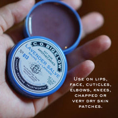 C.O. Bigelow Lavender Salve tins label detail highlights ingredients and safety notes.