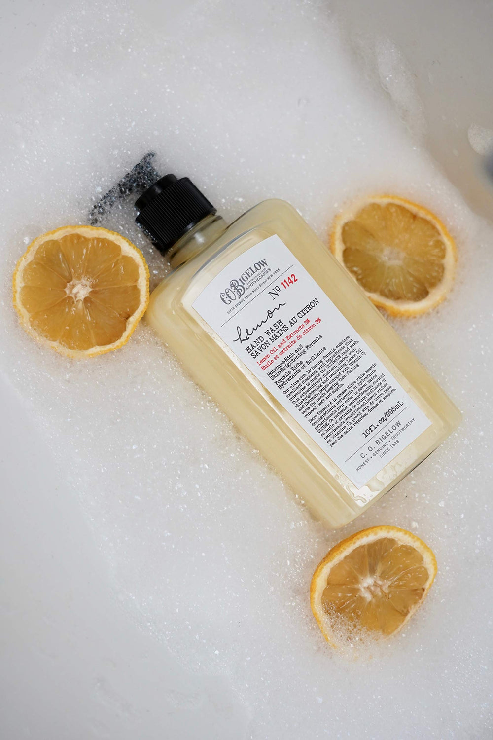 C.O. Bigelow Lemon Hand Wash hands under faucet with foam and rinse
