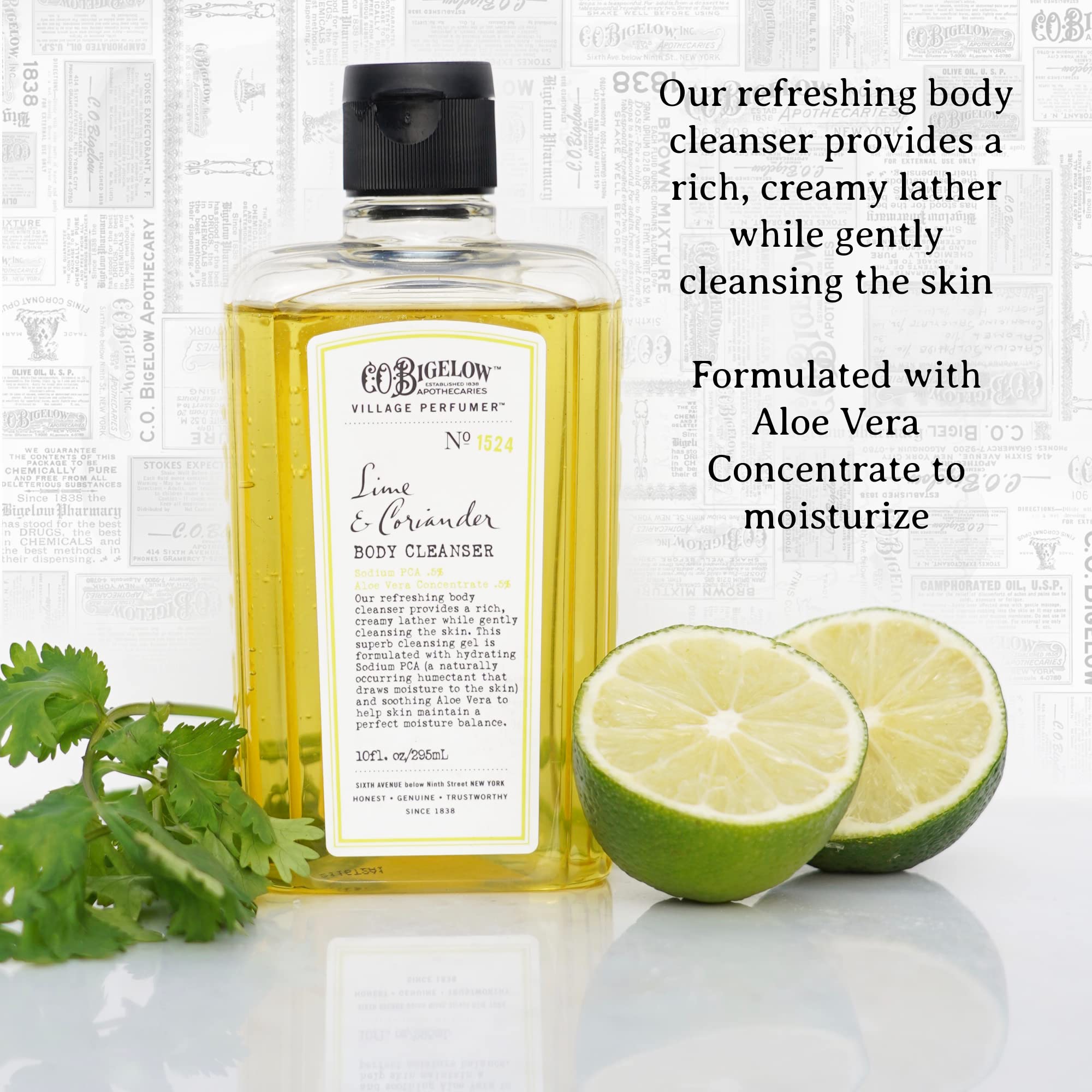 C.O. Bigelow Lime Coriander Body Wash foam showing rich lather for cleansing.