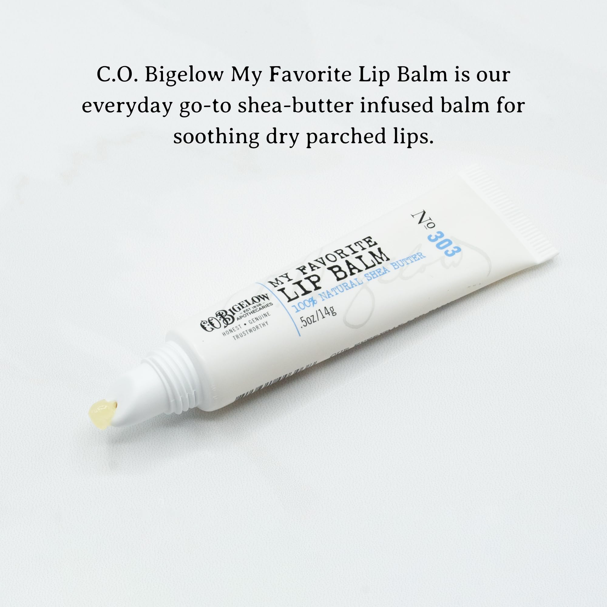 C.O. Bigelow lip balm tubes featuring a slanted-tip applicator for precise application.