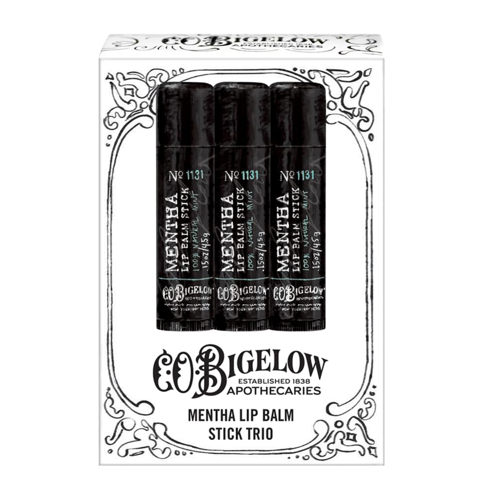 C.O. Bigelow Mentha Lip Balm Stick at desk keeps lips moisturized during long workdays.