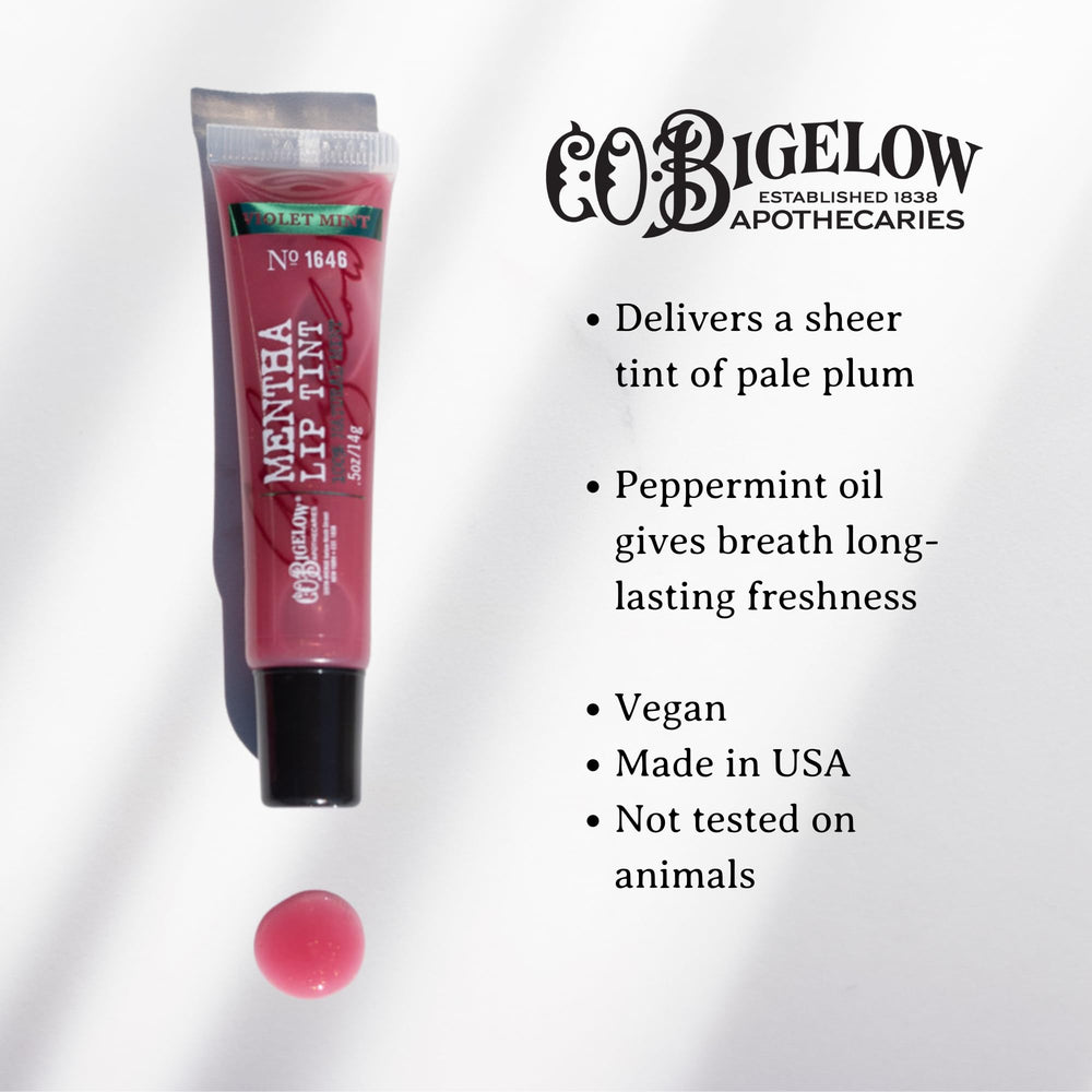 C O Bigelow lip tint bottle application demonstrates refreshing peppermint scent