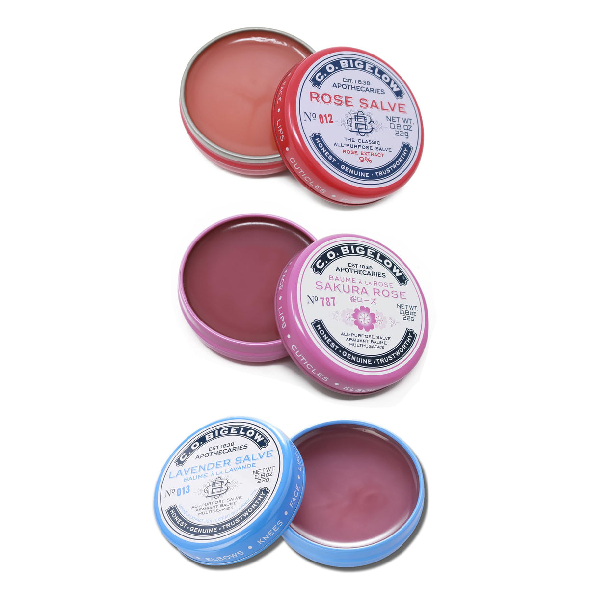 C.O. Bigelow Rose salve tin open, ready to soften lips and cuticles.