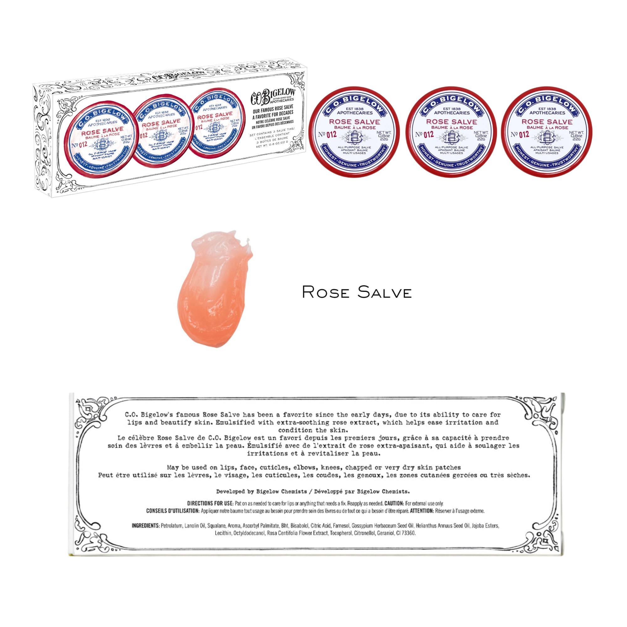 C.O. Bigelow Rose Salve with lightweight non-waxy finish for versatile use.