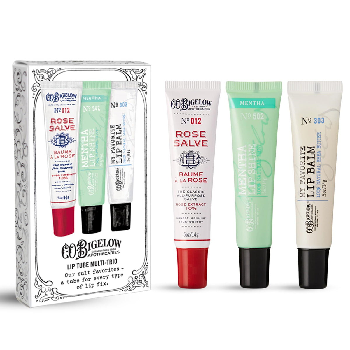 C.O. Bigelow Rose Salve lip balm tube for everyday hydration and touch-ups.
