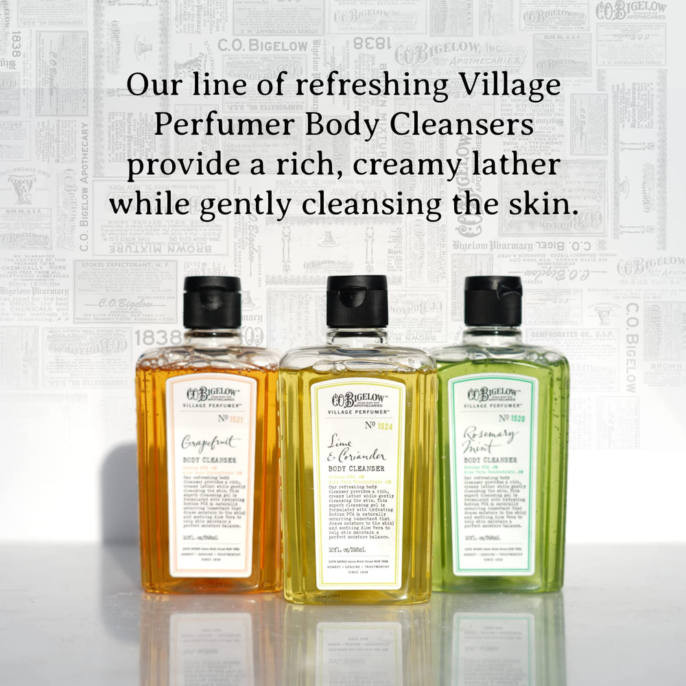 C.O. Bigelow Rosemary Mint body wash pour demonstrates easy, mess-free dispensing.