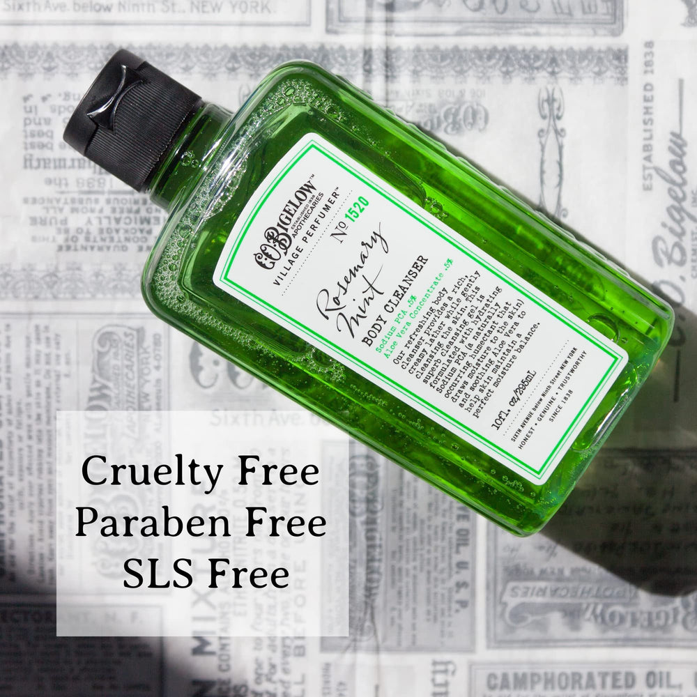 C.O. Bigelow Rosemary Mint rich lather closeup promises a clean rinse with no residue.