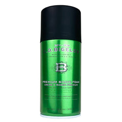C.O. Bigelow shaving foam canister closeup shows rich foam for a smooth razor glide.