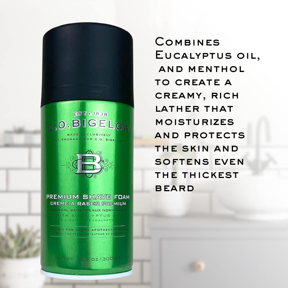 C.O. Bigelow shaving foam eucalyptus oil detail hints at refreshing post-shave feel.