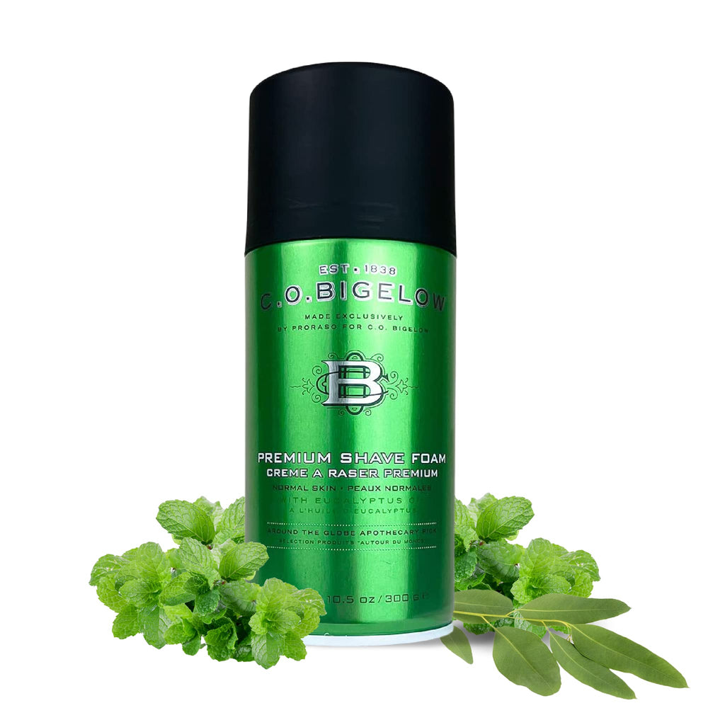 C.O. Bigelow shaving foam packaging on display signals premium, all-skin-use cream.