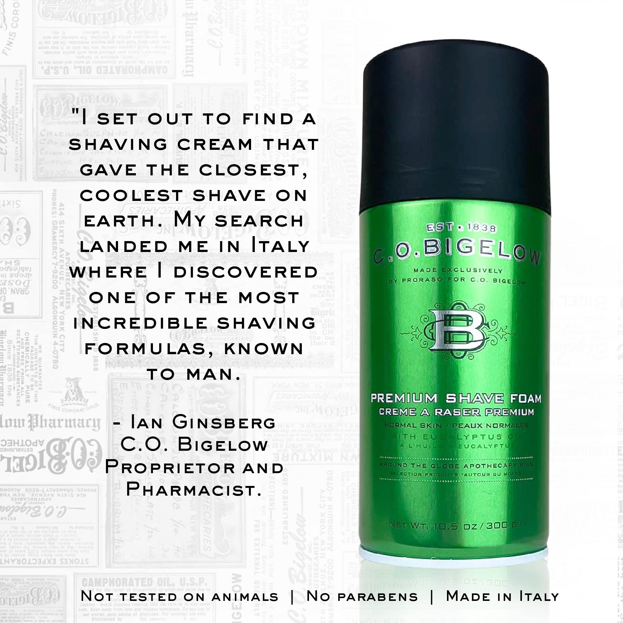 C.O. Bigelow shaving foam in hand applying foam shows comfortable, hydrated skin after shaving.