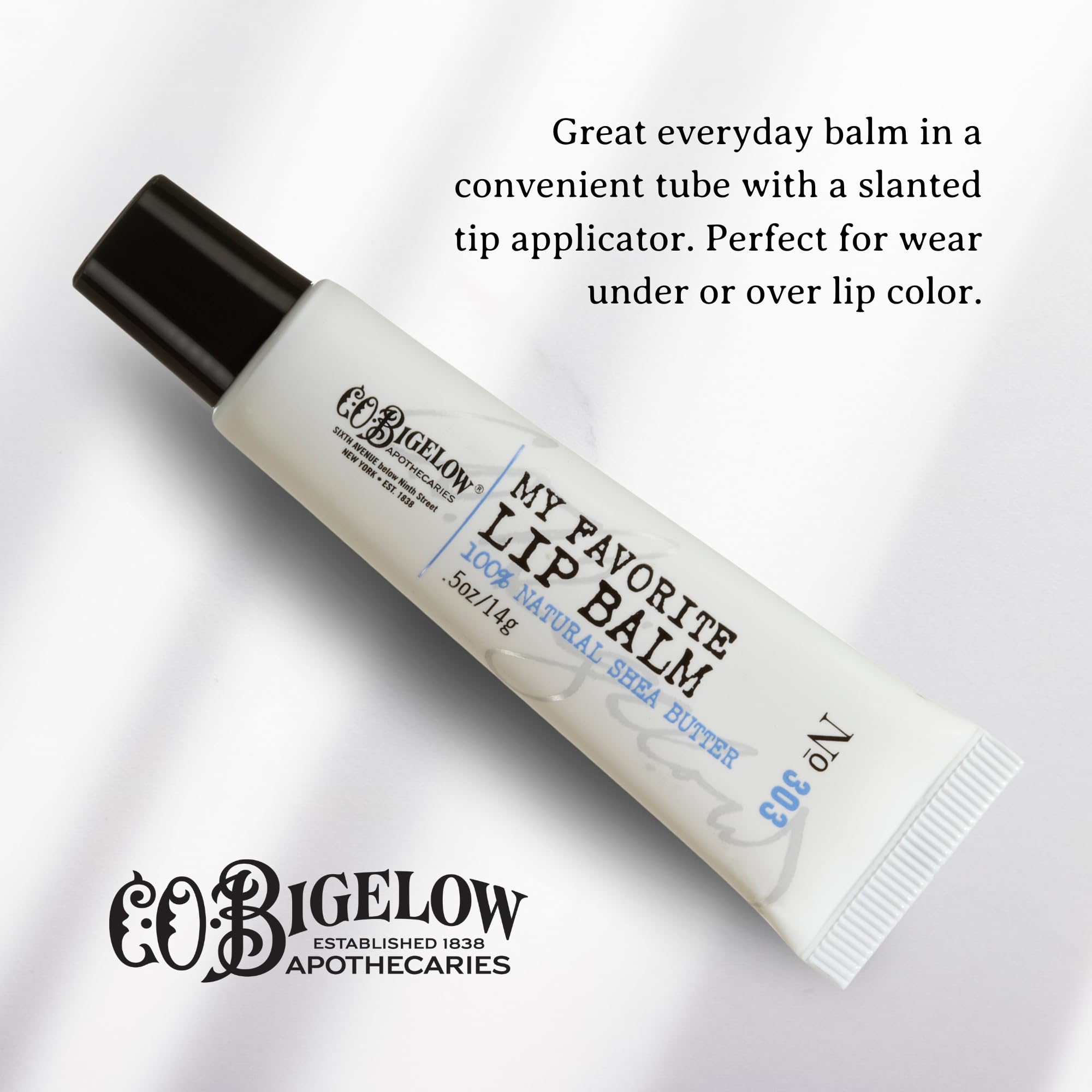 C.O. Bigelow balm with shea butter and jojoba oil nourishes lips.