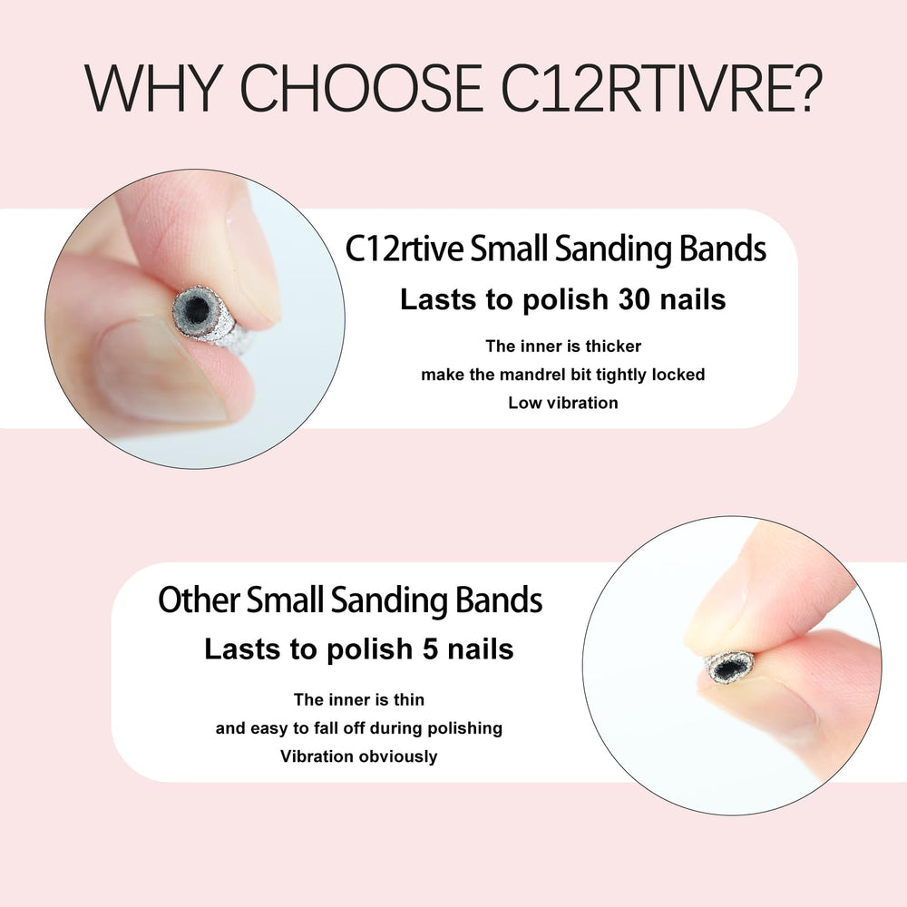 C12rtive manicure and pedicure prep using small sanding bands for gentle surface smoothing.