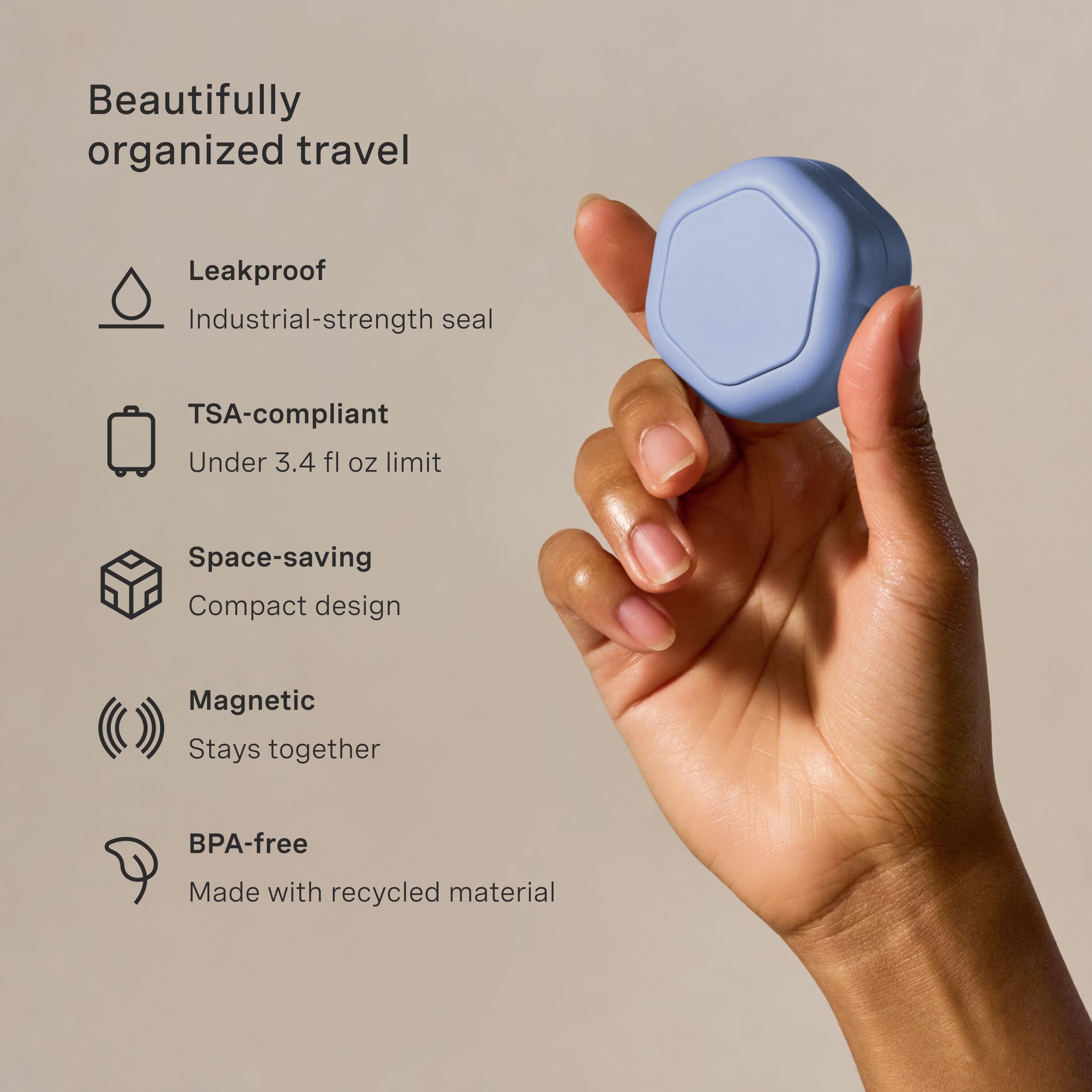 Cadence travel containers capsules-closeup highlights compact sizes ideal for short trips