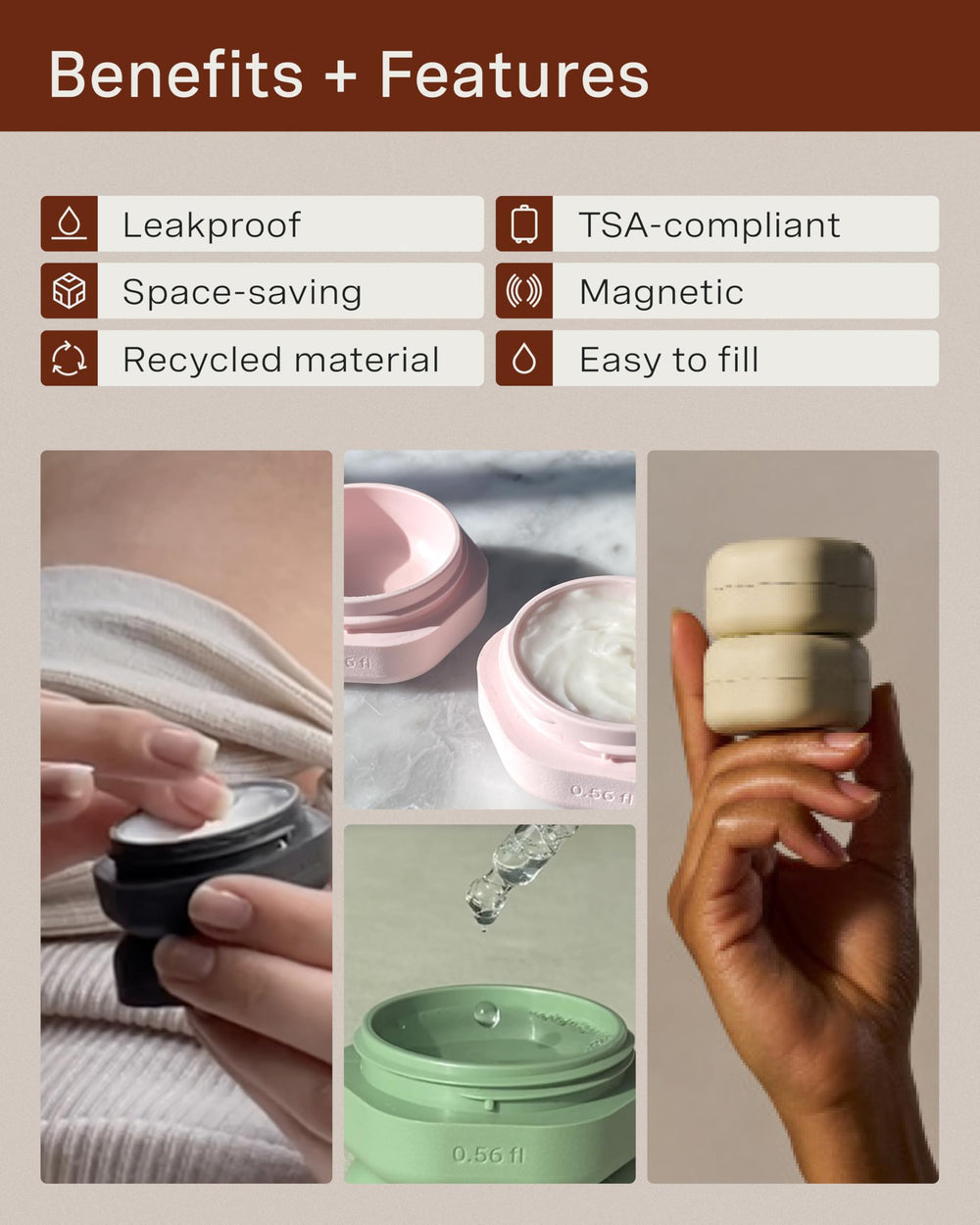 Cadence travel skincare set sun-icon labels on the capsule aid quick on-the-go identification.