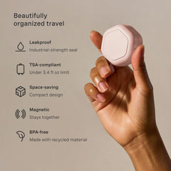 Cadence travel containers basic skincare set petal shown in-use for leakproof on-the-go packing.