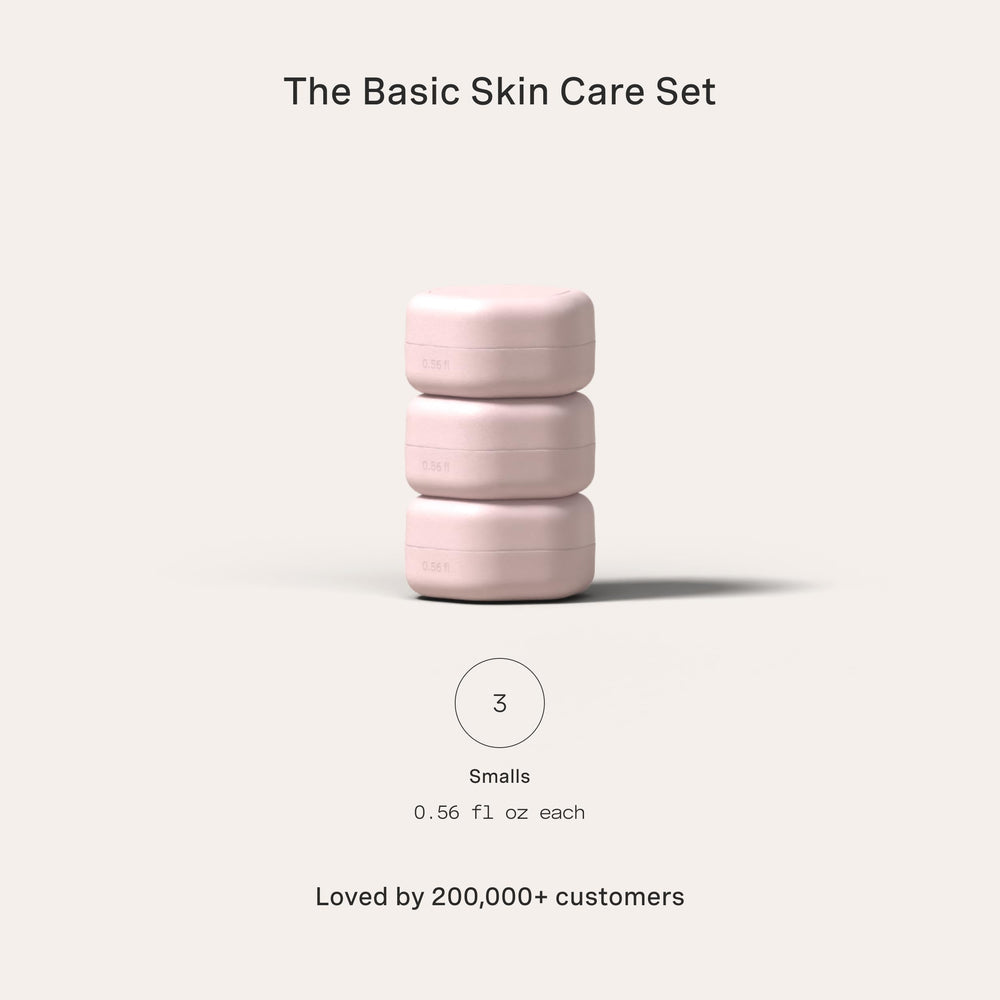 Cadence travel containers basic skincare set petal magnetic label visible for easy identification.