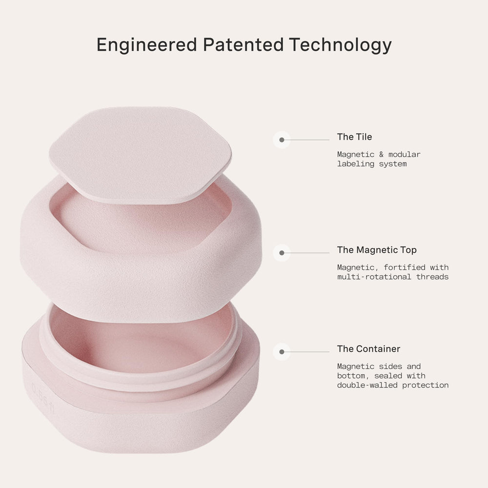 Cadence travel containers basic skincare set petal on airport tray demonstrating TSA compliance.