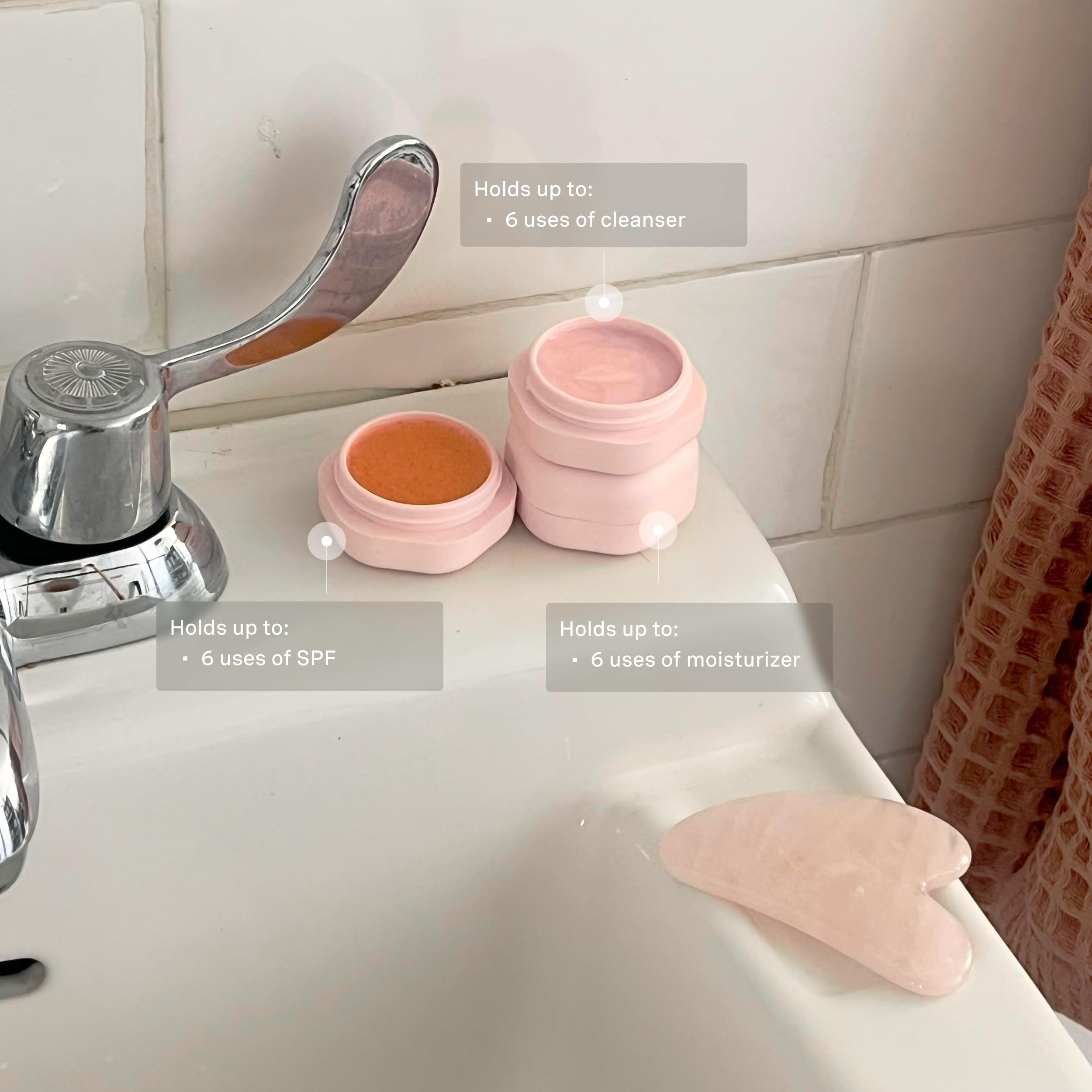 Cadence travel containers basic skincare set petal wide openings for easy filling and minimal waste.