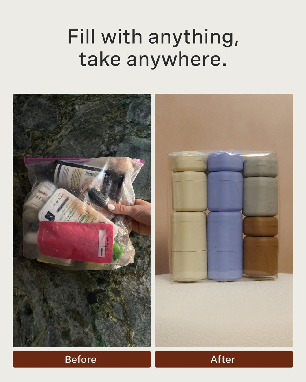 Cadence travel containers sand color presents chic, compact carry-on friendly design.