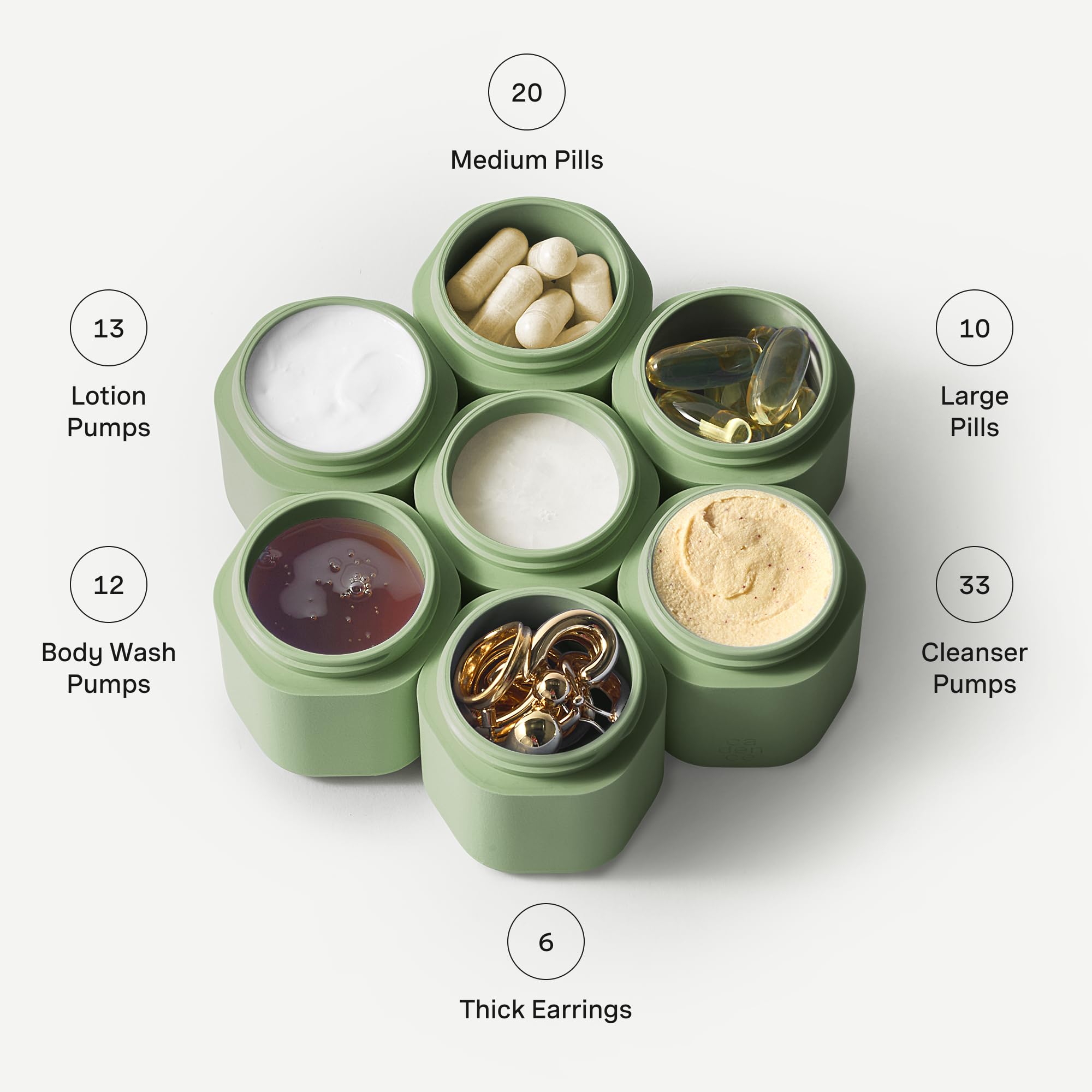 Cadence labels with shampoo and conditioner icons enable quick content identification.