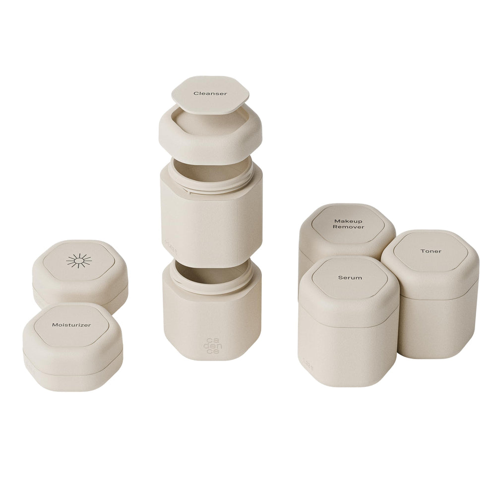 Cadence travel containers sand set shows organized on-the-go skincare system