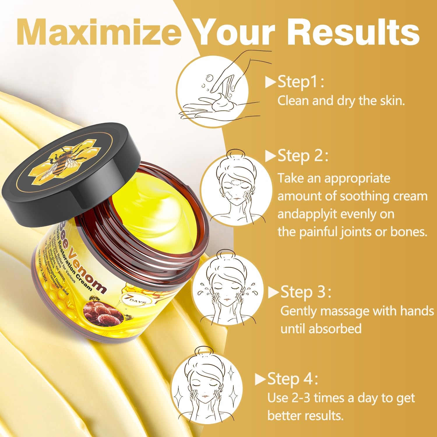 Caderno Inteligente Bee Venom Cream neck-shoulders application suggests multi-area nourishment.