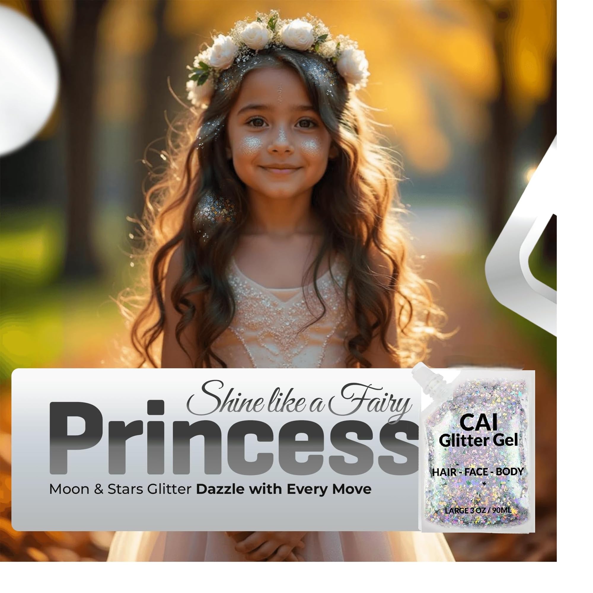 CAI BEAUTY NYC body glitter on shoulders creates luminous, non-sticky party-ready shine