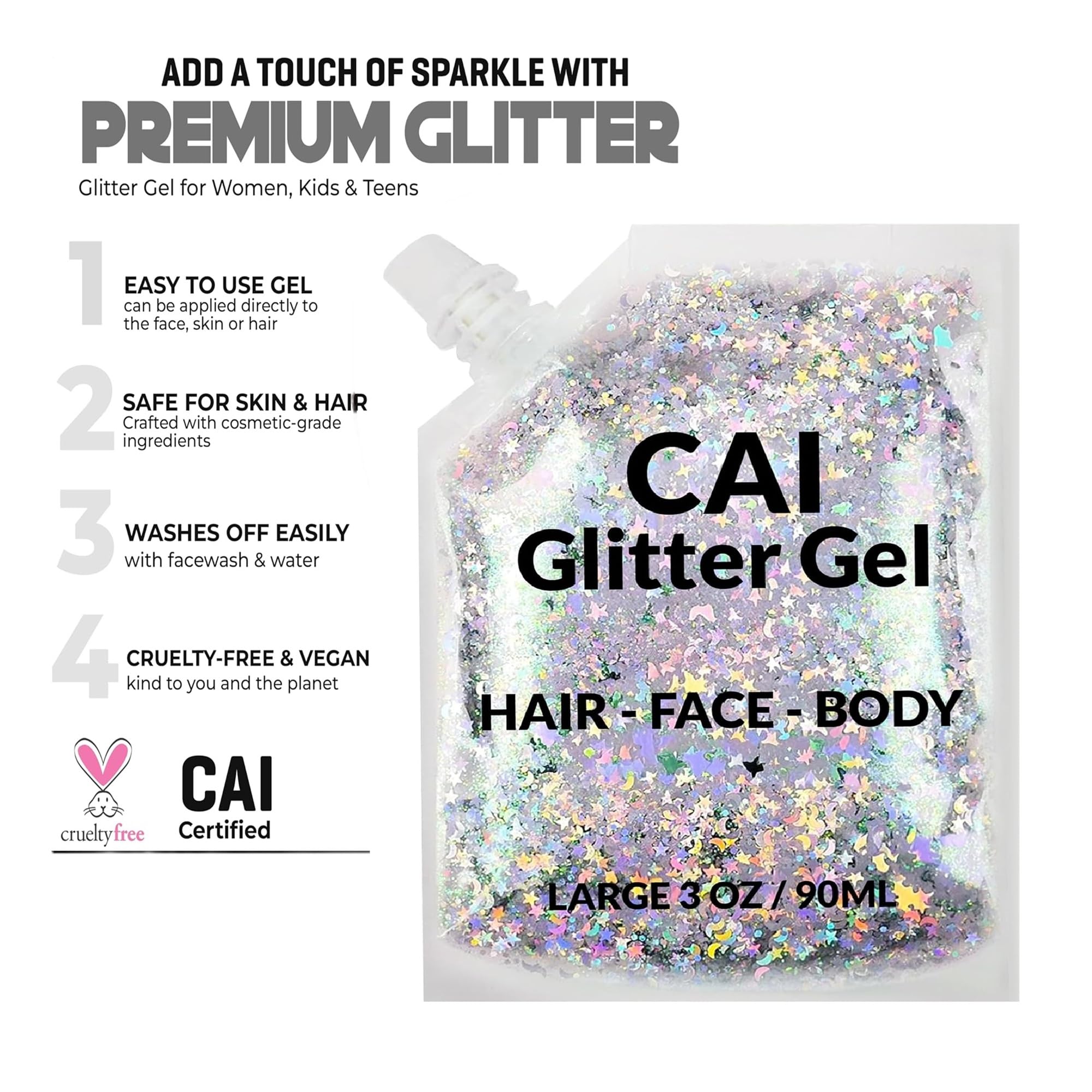 CAI BEAUTY NYC wash-off glitter cleans away easily with water after events