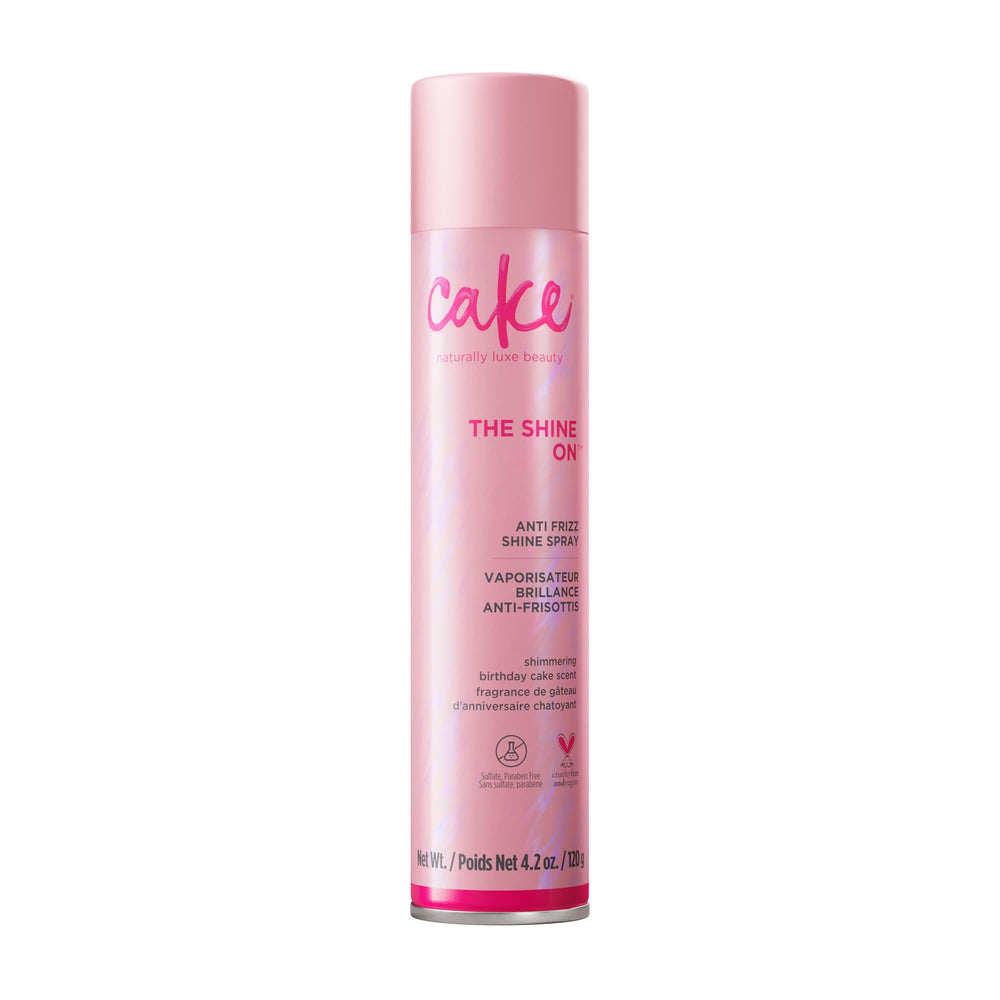 Cake Beauty The Shine On bottle-pour shows anti-frizz protection for smooth, glossy hair