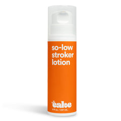 The Cake So-Low lotion bottle closeup highlights smooth glide for comfortable solo use.