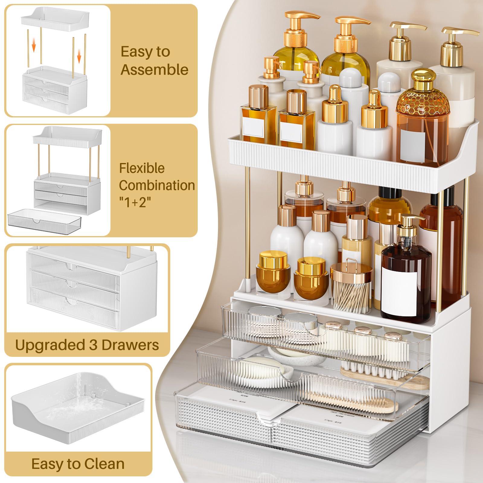 caktraie amber-clear plastic with gold supports close-up