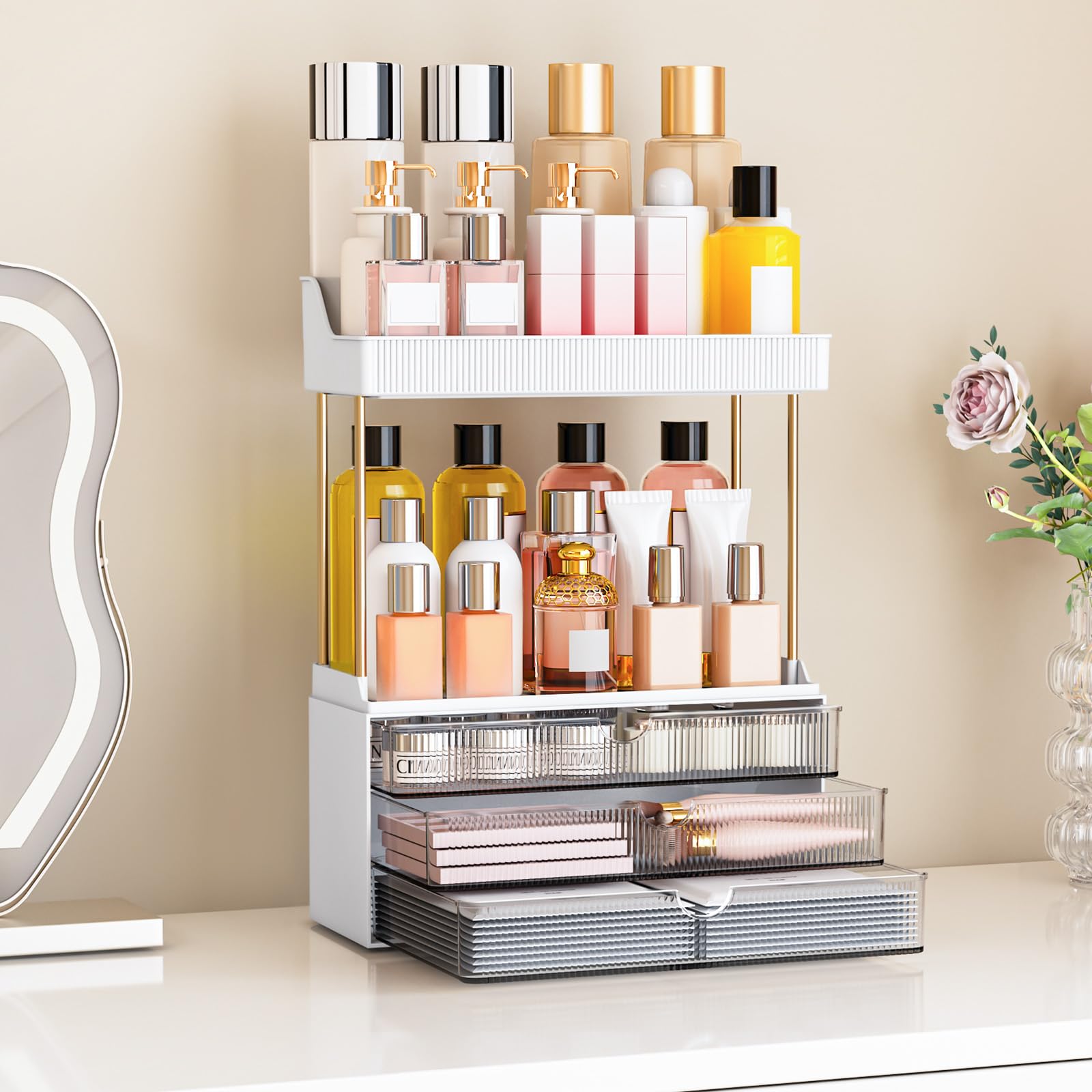 caktraie amber-transparent plastic with gold-tone supports adds elegant vanity appeal