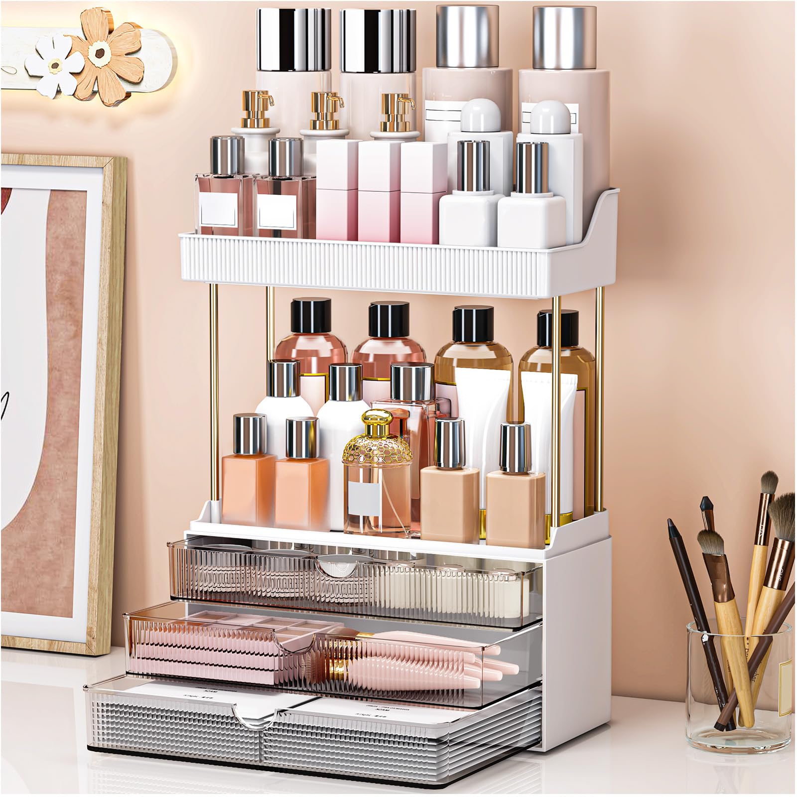 caktraie bathroom organizer with three drawers and two shelves for cosmetics and skincare storage