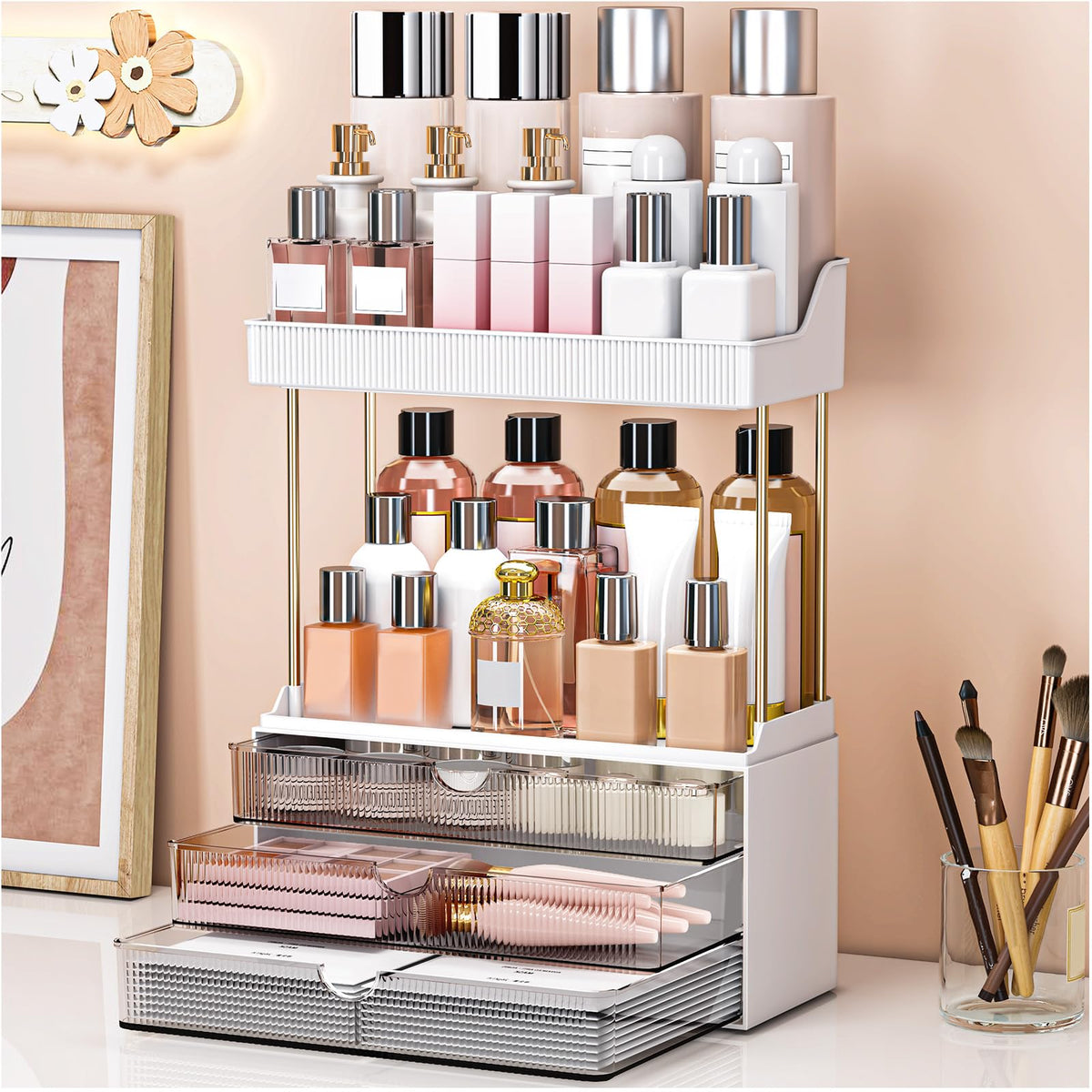 caktraie bathroom organizer with three drawers and two shelves for cosmetics and skincare storage