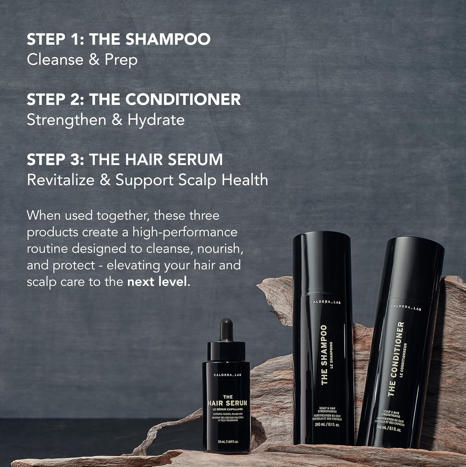 Close-up of Caldera + Lab hair texture after use showing shine and vitality.