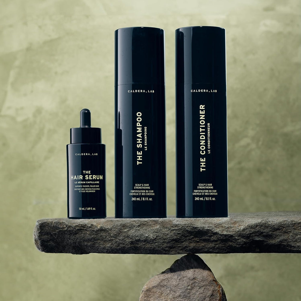Caldera + Lab shampoo lather highlighting sulfate-free cleansing experience.