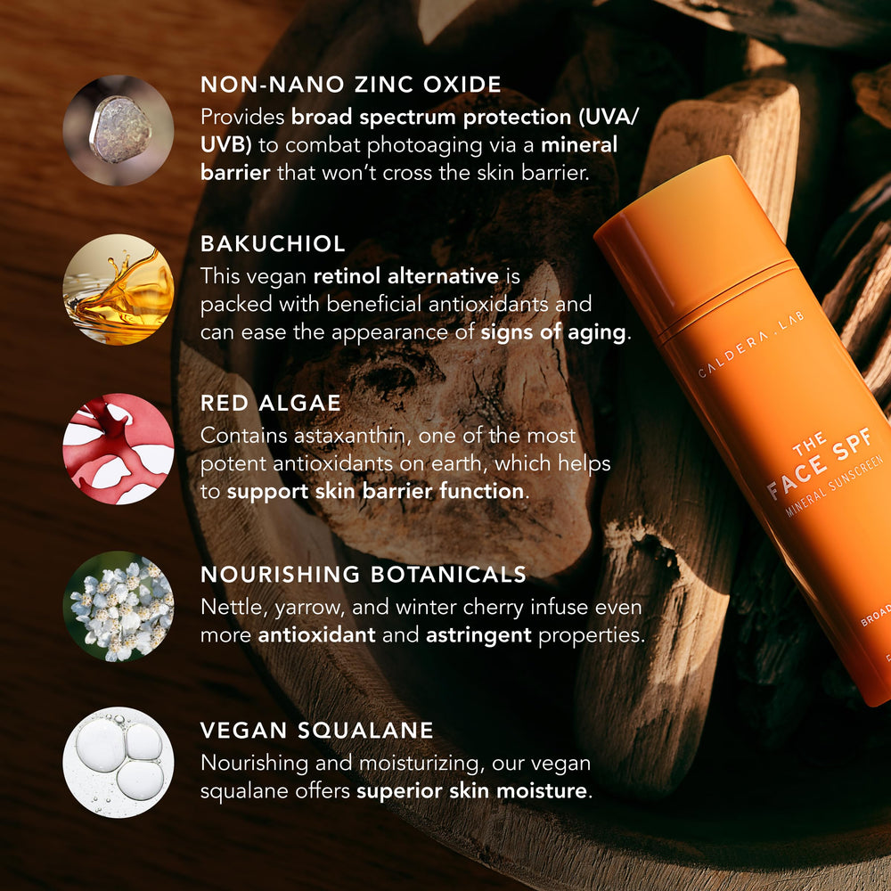 Caldera + Lab The Face SPF no white cast highlights transparent protection for daily use.